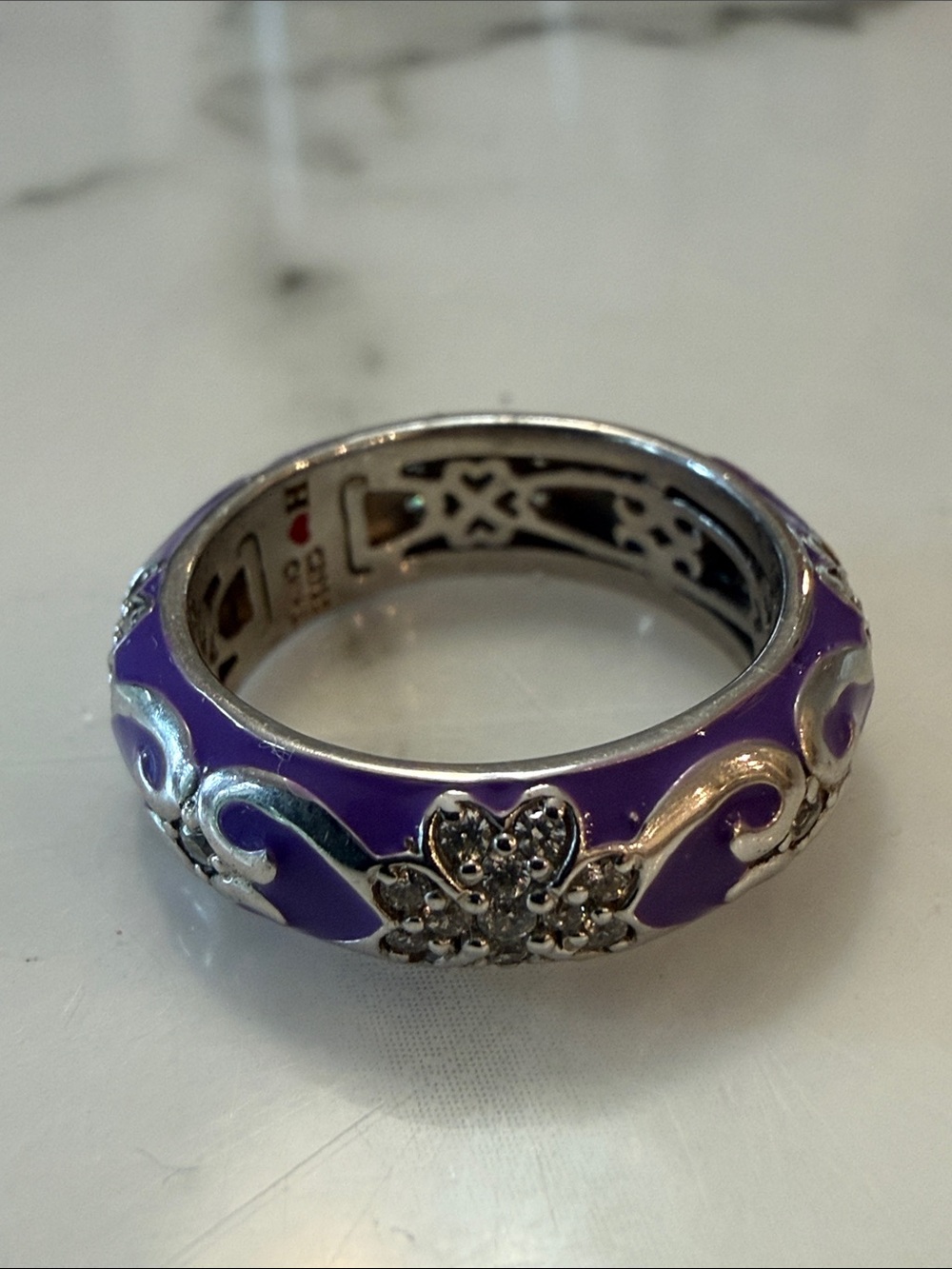 Hidalgo silver, CZ and purple enamel ring, size 7.